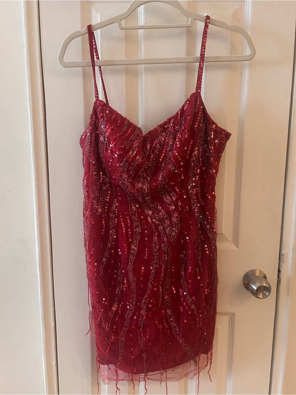 Pink sparkly fringe mini dress with lace up back